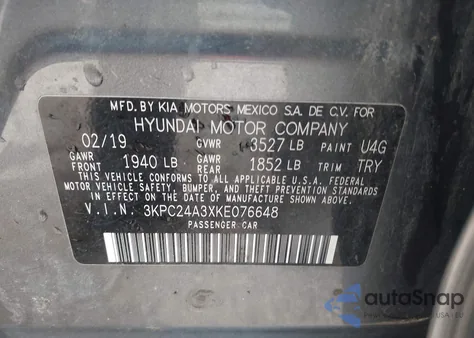 2019 Hyundai Accent Se z USA, uszkodzony, nr VIN 3KPC24A3XKE076648